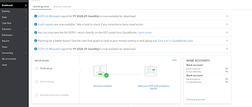 QuickBooks Setup - Dashboard